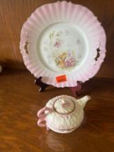 Unmarked Antique German collectible plate and teapot for one.