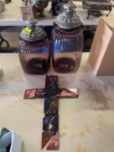 purple glass decoration jars with purple stained glass cross