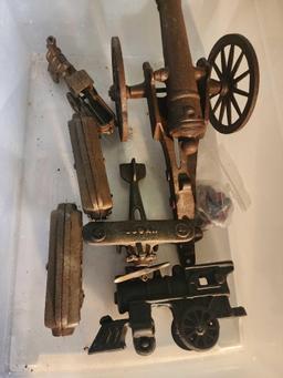 Cast iron toys. Trains, plane, and cannon. Used.