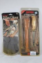 One Rapala 6" fish fillet knife and Normark K-steel fillet glove. Both in packages.