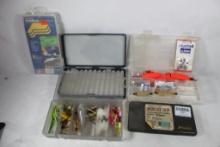 Three plastic compartment boxes with fishing items and two fly boxes. Used.