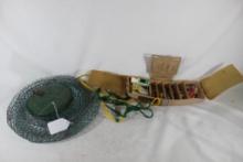 One Outdoorsman belt fishing tackle box and one wire fishing basket. Used.
