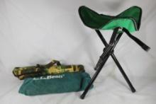 One tripod stool, one carry-ease folding chair and one L L Bean 8' x 10' tarp.