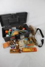 Rubbermaid tackle box with miscellaneous fishing items.