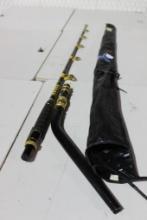 One Tycoon Fin Moor 7ft 7", 80lb bent butt deep sea trolling rod in black plastic rod cover. Used.