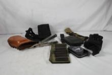 Bag of miscellaneous items, leather lace on rifle cheek pad, holster, etc.