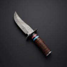 Damascus Fixed Blade Hunting Knife with 5 1/2" blade and leather sheath