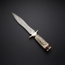 Damascus Dagger with Camel Bone Handle and Lion Embossment, new in box