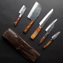 D2 Steel Bushcraft Chef Knives Set with 5 knives and rolling leather carrier, new in box