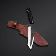 D2 Steel Bushcraft Hunting Knife with 7" blade and leather sheath, new in box