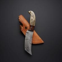 Two Damascus Tanto Hunting Knives with Camel Bone Handle, Wolf Embossed. 4 1/2" blade and leather