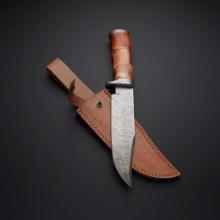 Damascus Wide Fixed Blade Hunting Knife with 7" blade in leather sheath