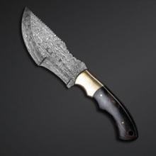 Two Damascus Tracker Knives with 5" blade and leather sheath, new in box