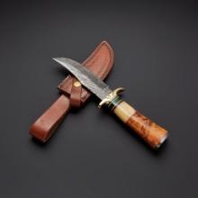 Damascus Olive Small Hunting Knife with 5" blade and leather sheath, new in box