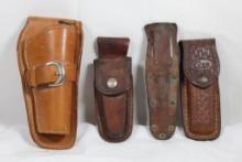 One small leather right handed holster, one fixed blade leather knife sheather and two leather