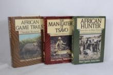 Three hardcover books on African hunting. African Game Trails, First Edition, The Man-Eaters of