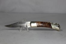 Frost lockback knife with damascus blade, beautiful burl wood scales, 3 1/2" blade