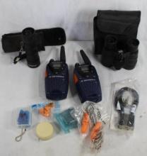 Bag of miscellaneous ear plugs, one Tasco 10x25 monocular in case, one pair of Foster Grant
