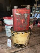 Archer grease bucket, metal gas can