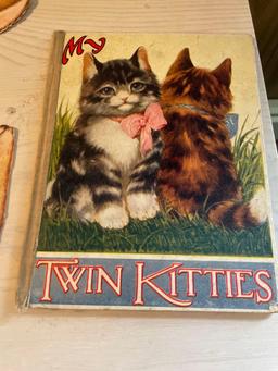 Vintage Easter Decor, Cats Musical Figure and Antique Kitten Book