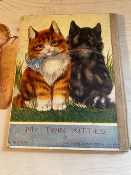 Vintage Easter Decor, Cats Musical Figure and Antique Kitten Book