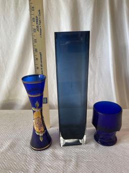 3 Assorted Blue Glass Vases