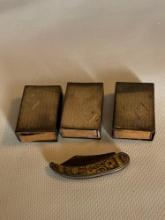 Three Antique Sterling Silver Matchbox Protectors With Small Folding Knife