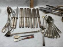 Vintage Fish Knives With Serving Utensils & Nickel Silver Flatware