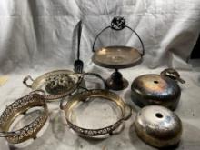 Assorted Antique Silver Plate Serving Pieces With Flower Frog