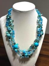 Three Strand Aqua-Turquoise Beaded Necklace