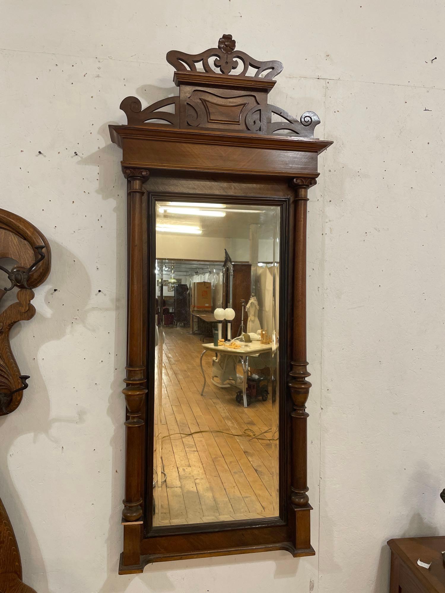Antique Hall tree w/ pillared beveled mirror, quarters awn solid walnut