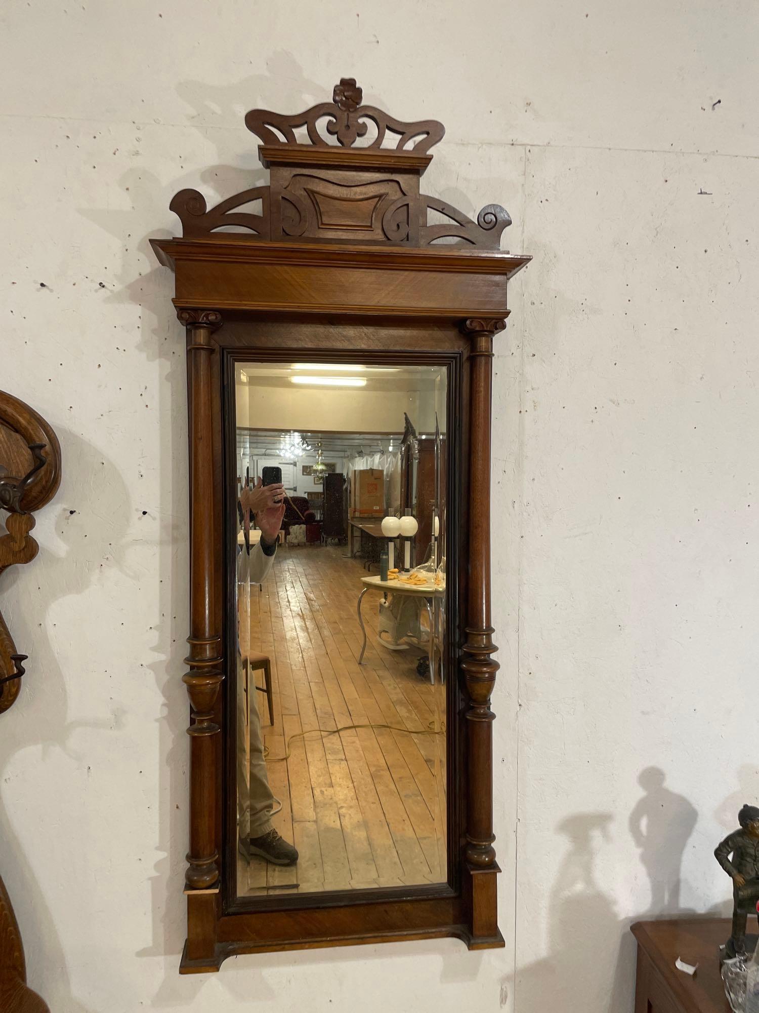 Antique Hall tree w/ pillared beveled mirror, quarters awn solid walnut