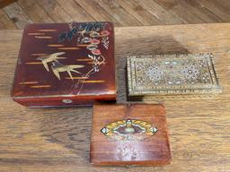 Lacquerware Box & (2) Inlaid Trinket Boxes