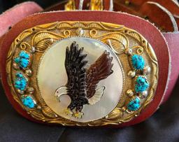 Native American concho belt and buckle--brass, turquoise and mother of pearl inlaid buckle