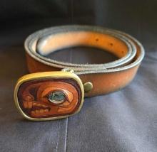 Leather belt and hand made Alaskan Shambbu of Portland Oregon brass buckle, size 34