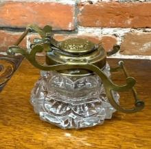 Vintage glass and metal inkwell