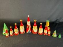 Vintage Nesting Santa wooden cones & bells
