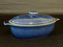 Denny stoneware "Cottage Blue" cookware lidded, vented & handled oval bowl