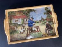 J.C V. Hunnik Dutch 6 tile wooden carrying tray, signed