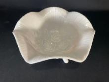 Milk Glass "Rose" 3 footed bowl