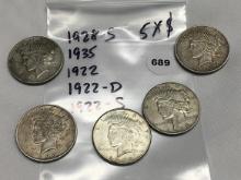 5 X $ 1928-S, 1935, 1922, 1922-D, 1922-S Peace Dollars
