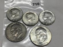 (3) 40% Silver Kennedy Halves, (2) Ike Dollars