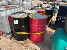 (6) 55 GALLON DRUMS W/ ASSORTED LUBRICANT & ANTIFREEZE