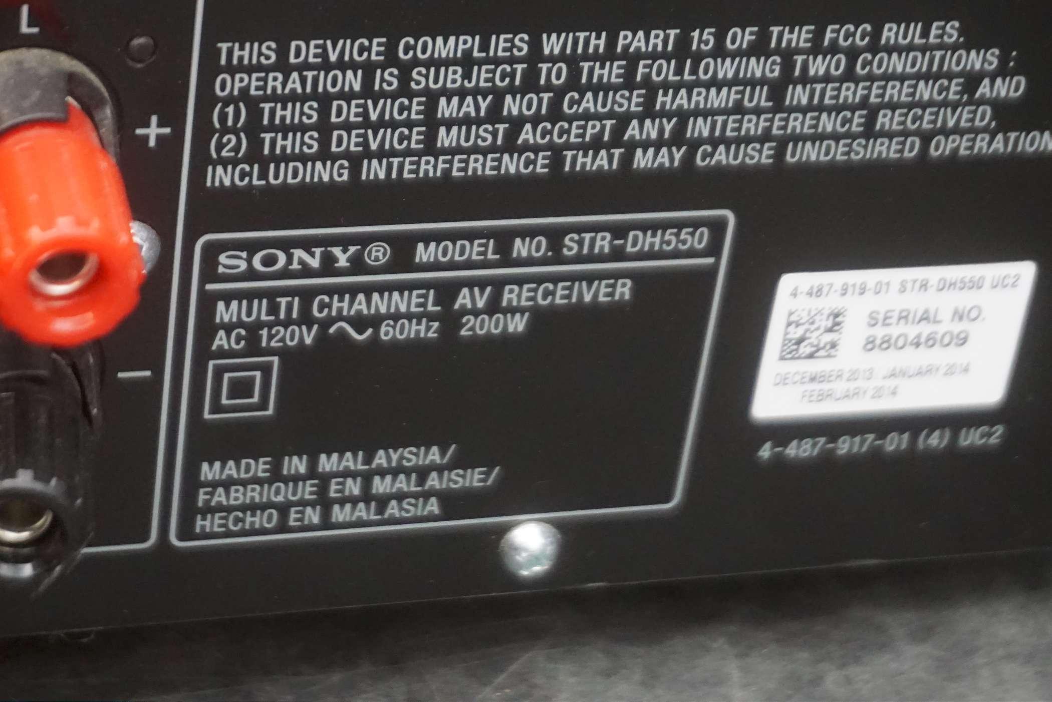 Sony Model No. STR-DH550 Multi-Channel AV Receiver