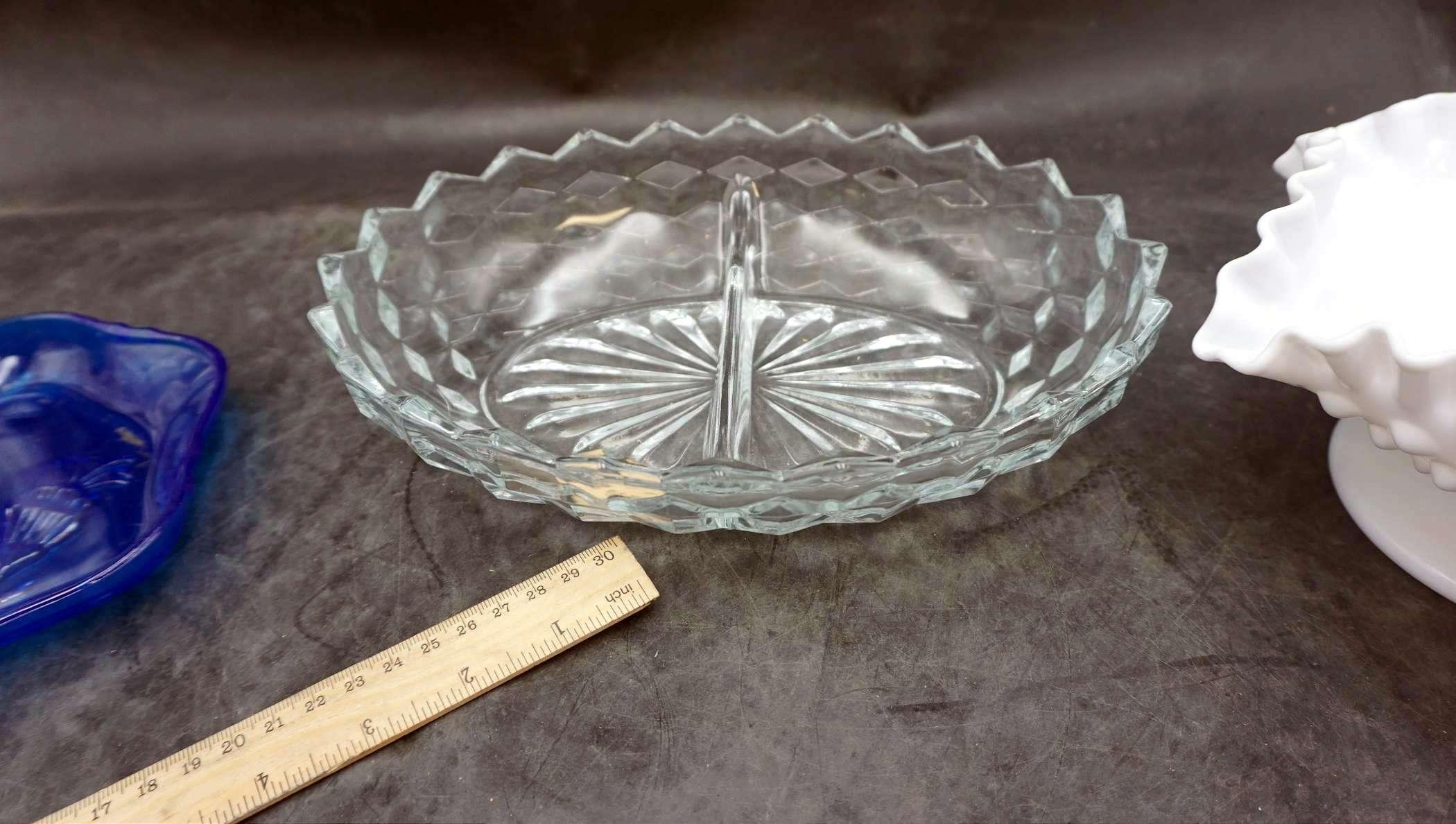Blue Flower Tray (Chipping), Divided Glass Dish & White Hobnail Ruffle Bowl