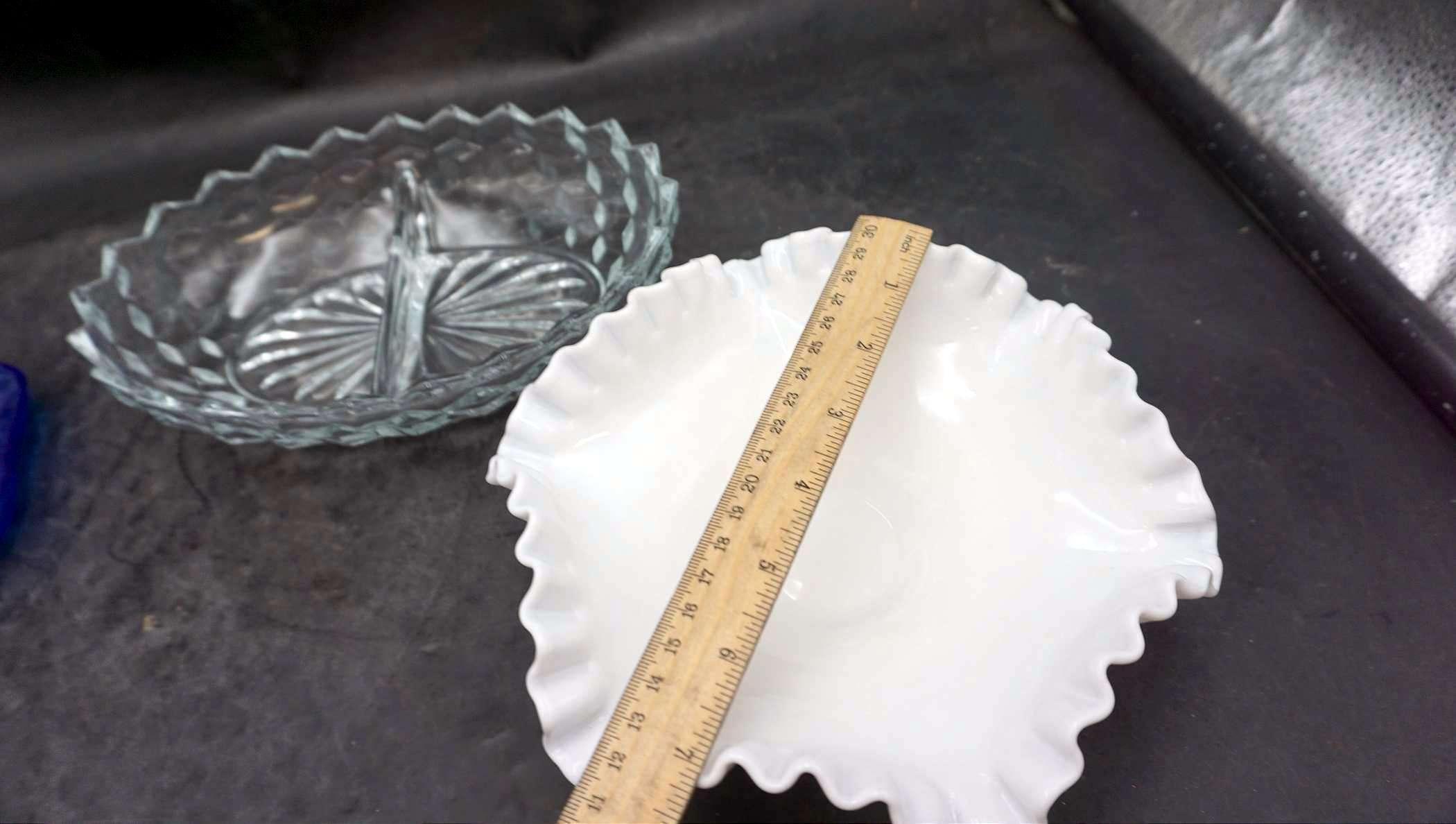 Blue Flower Tray (Chipping), Divided Glass Dish & White Hobnail Ruffle Bowl