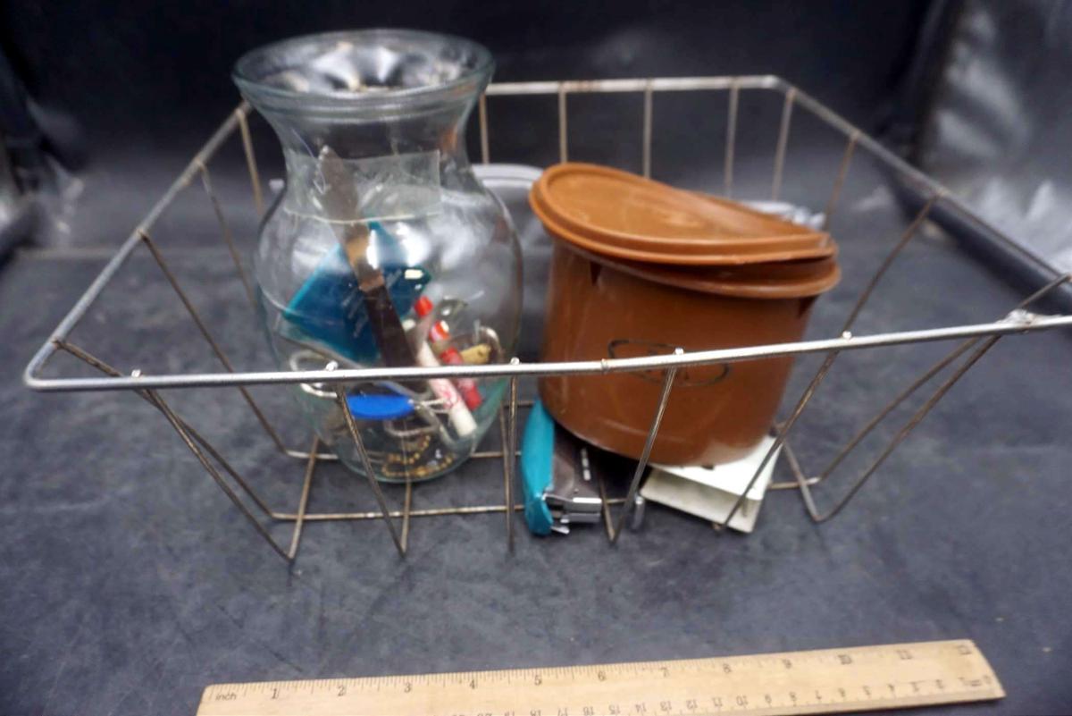 Wire Basket, Glass Vase, Tea Container, Stapler