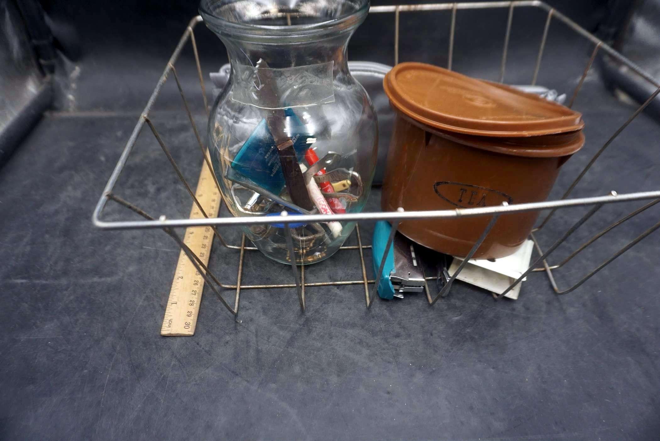 Wire Basket, Glass Vase, Tea Container, Stapler