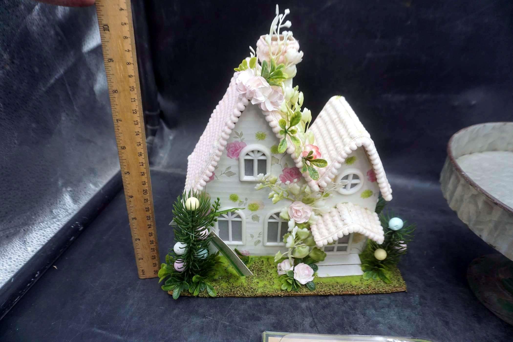Pot Hanger Bird, Galvanized Cake Stand & Cottage House