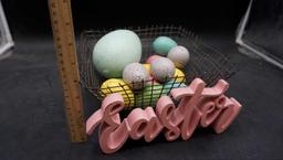 Metal Basket, "Easter" Words & Eggs